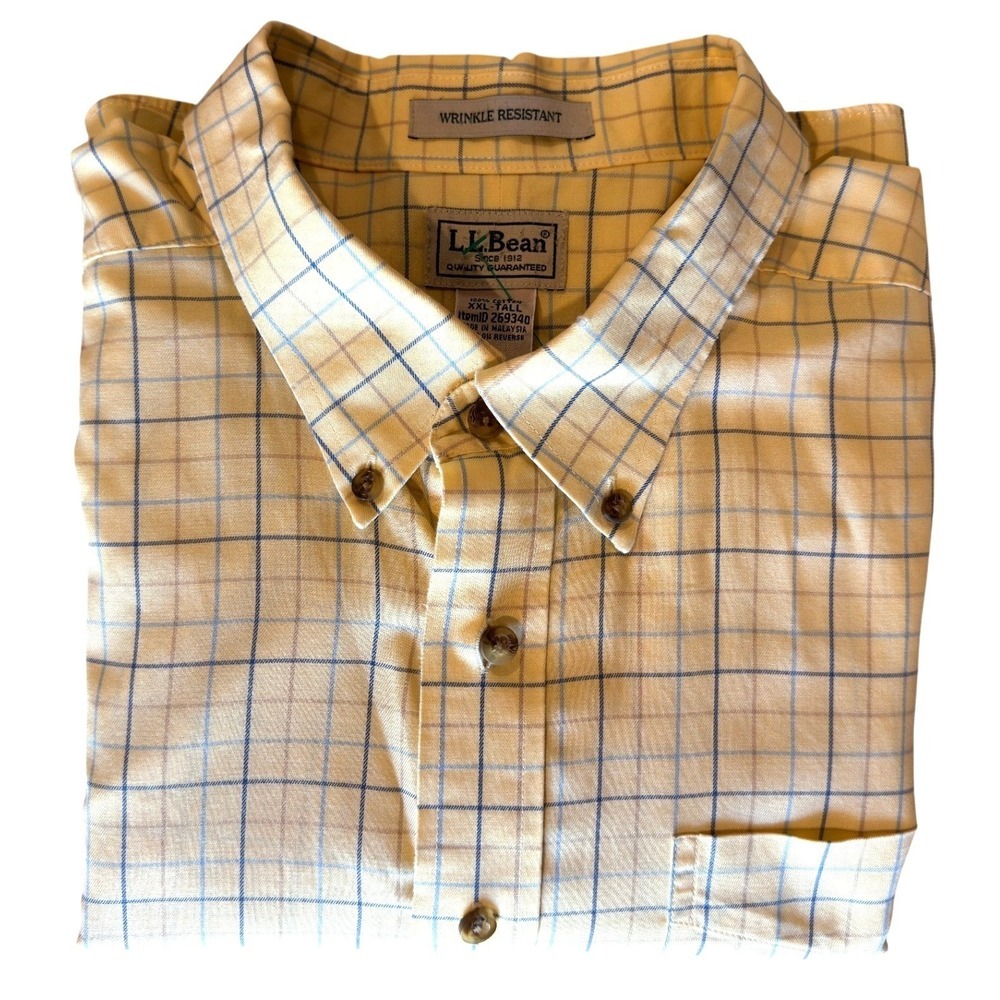 L.L. Bean 2XL Tall Button Down Shirt Short Sleeve Yellow Plaid Wrinkle Resistant - Picture 4 of 9